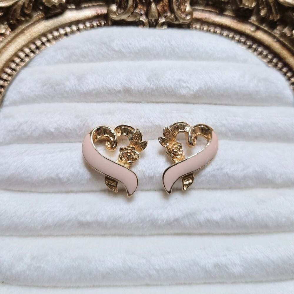 Vintage Avon Pink Heart Ribbon Stud Earrings